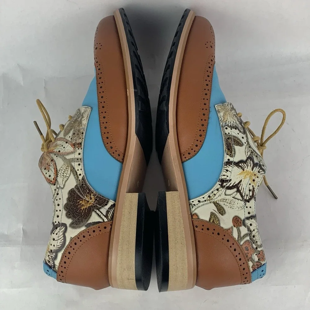Men's Oxford Wingtip Leather Dress Shoes Baby Blue 2 Tone Floral Sz 10 US 43 EU
